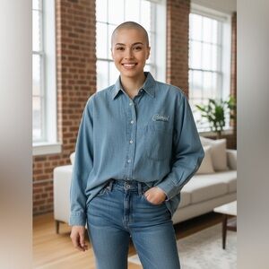 Cowboy Cowgirl Blue Denim Jean Shirt SZ‎ L Women Pocket Western Boho Cotton